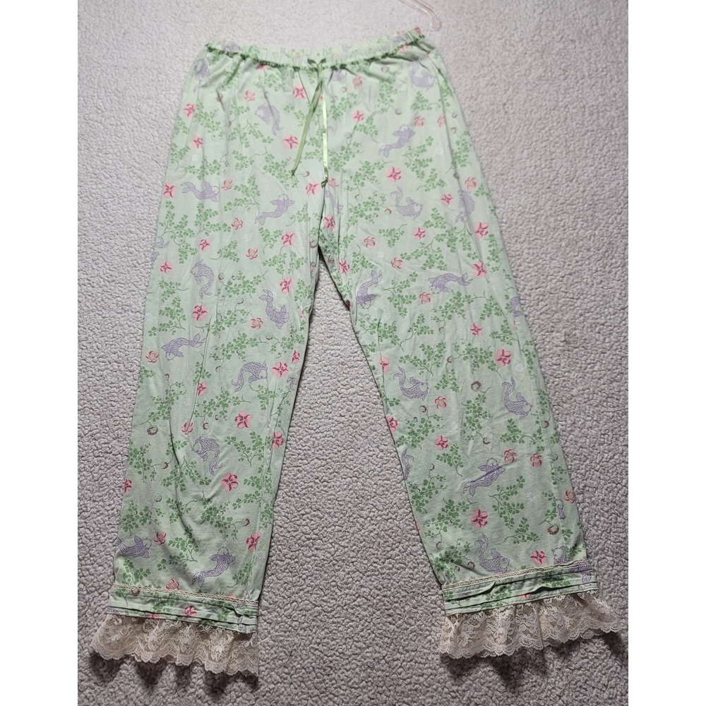 Secret Treasures Green Koi Fish Floral Pajama Pants Lace Trim Cotton Large 12-14